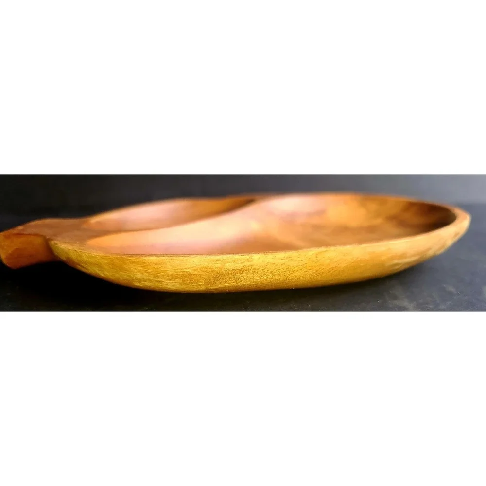 Vintage Hand Carved Monkey Pod Wood Divided Serving Tray Philippines Acacia Leaf